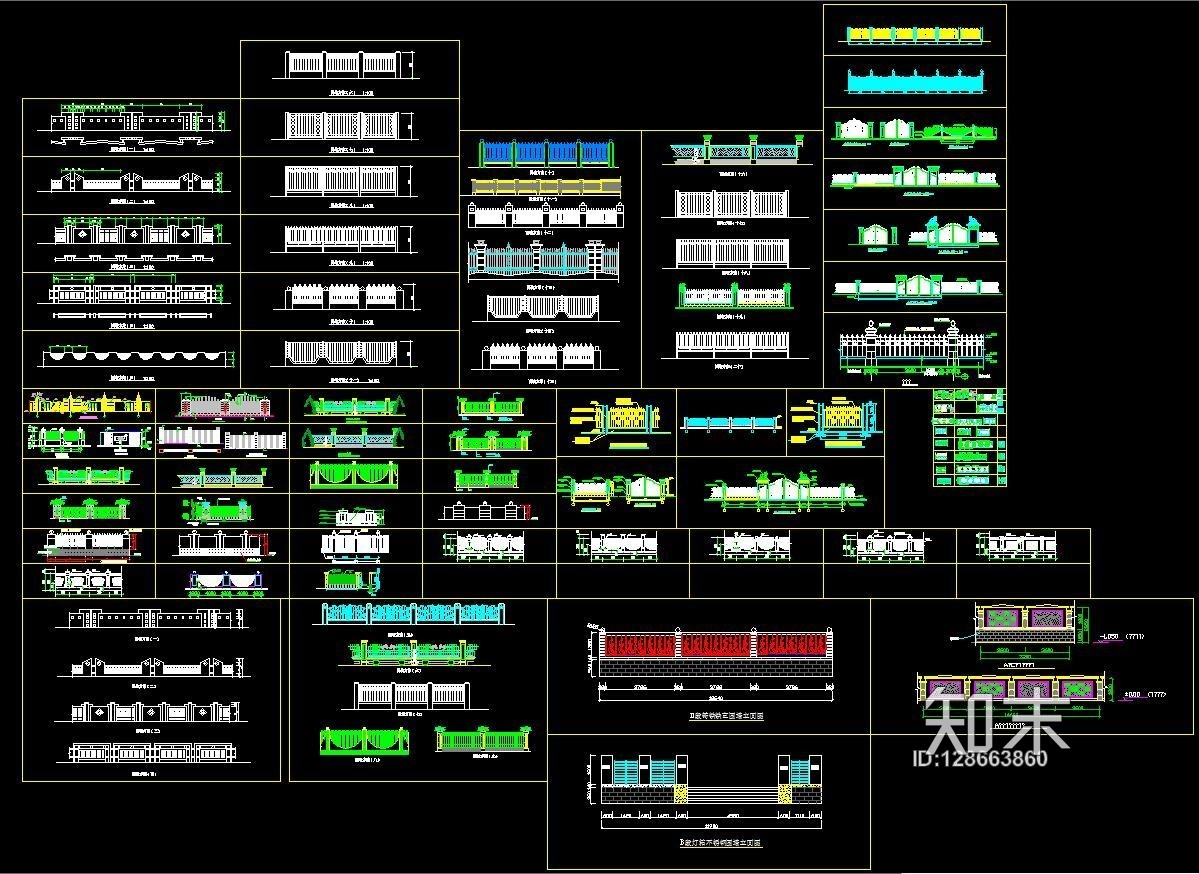 围墙铁艺栏杆CAD图库施工图下载【ID:128663860】