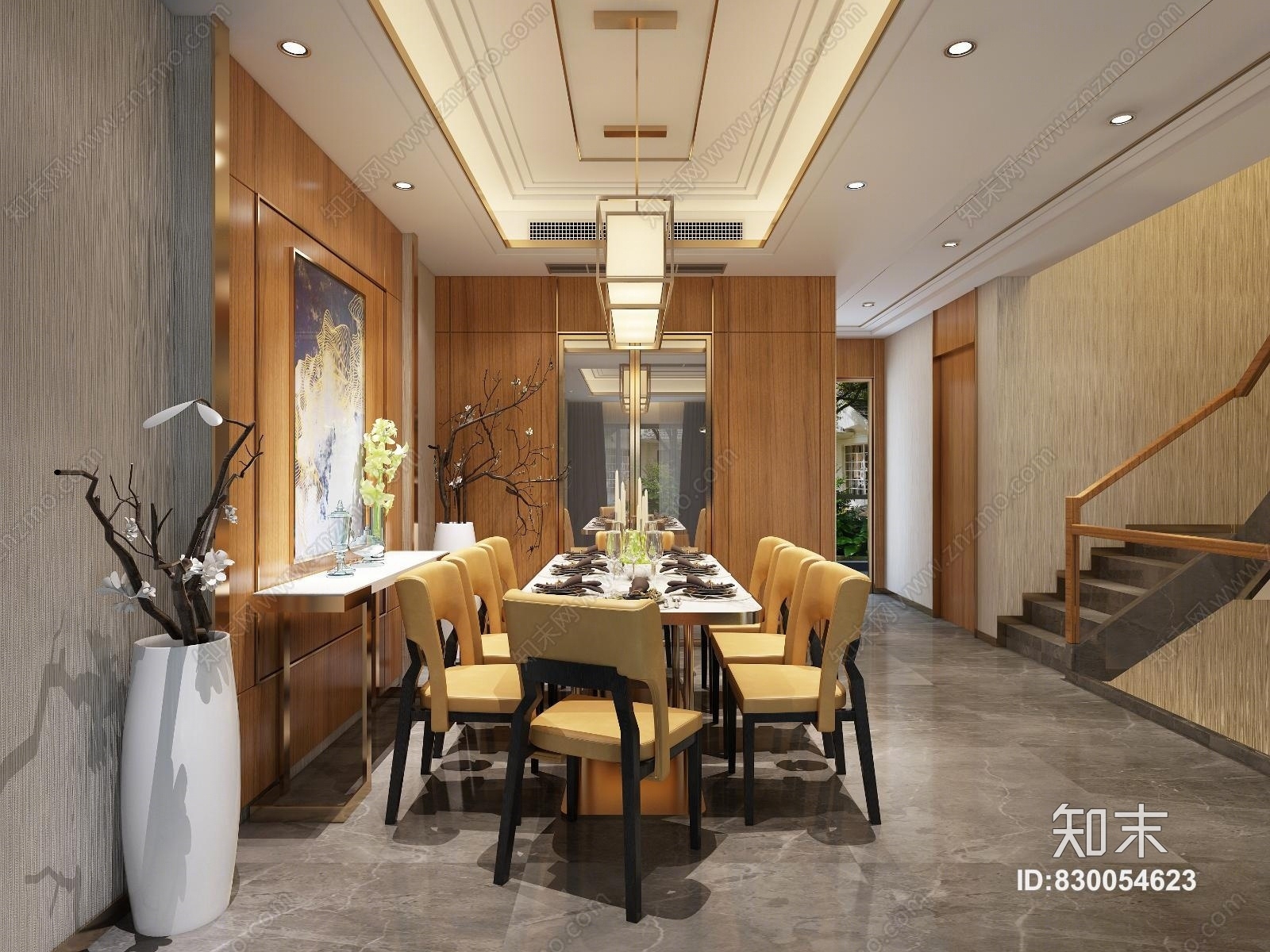 后现代别墅餐厅餐桌椅饰品盆栽背景墙玄关柜餐厅吊灯3D模型下载【ID:830054623】