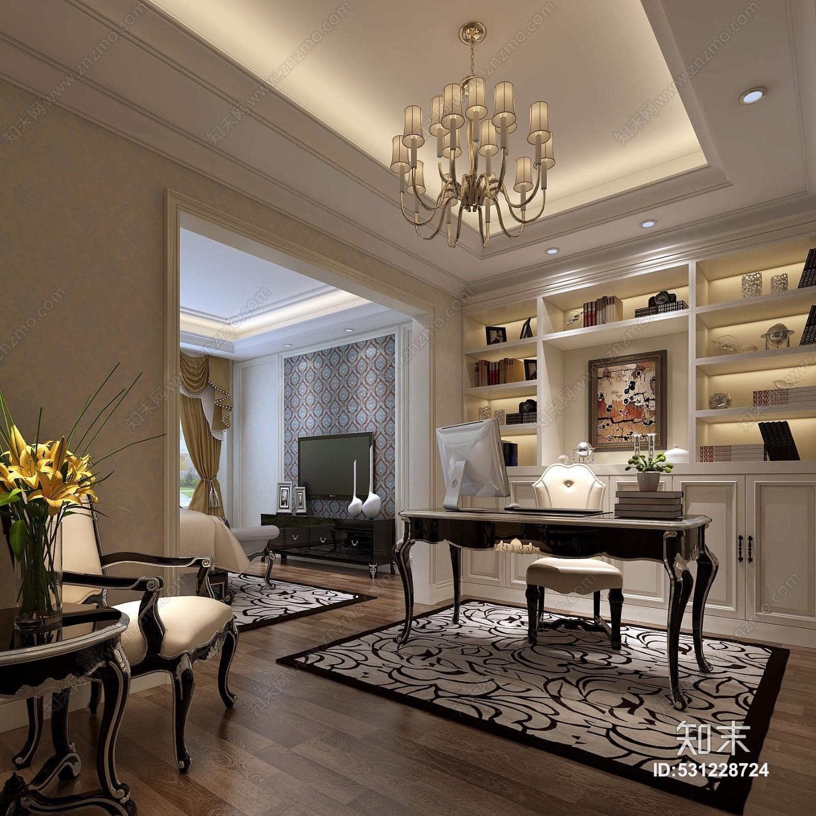 欧式古典欧式书房书桌书柜吊灯地毯休闲椅3D模型下载【ID:531228724】