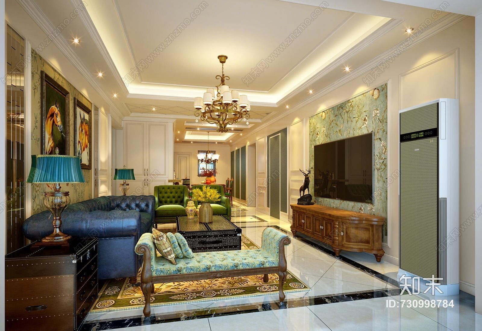 美式客厅美式沙发美式吊灯美式餐桌美式背景墙3D模型下载【ID:730998784】