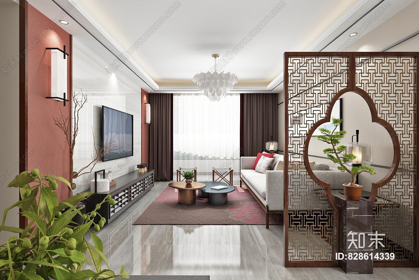 新中式简约中式客餐厅3D模型下载【ID:828614339】