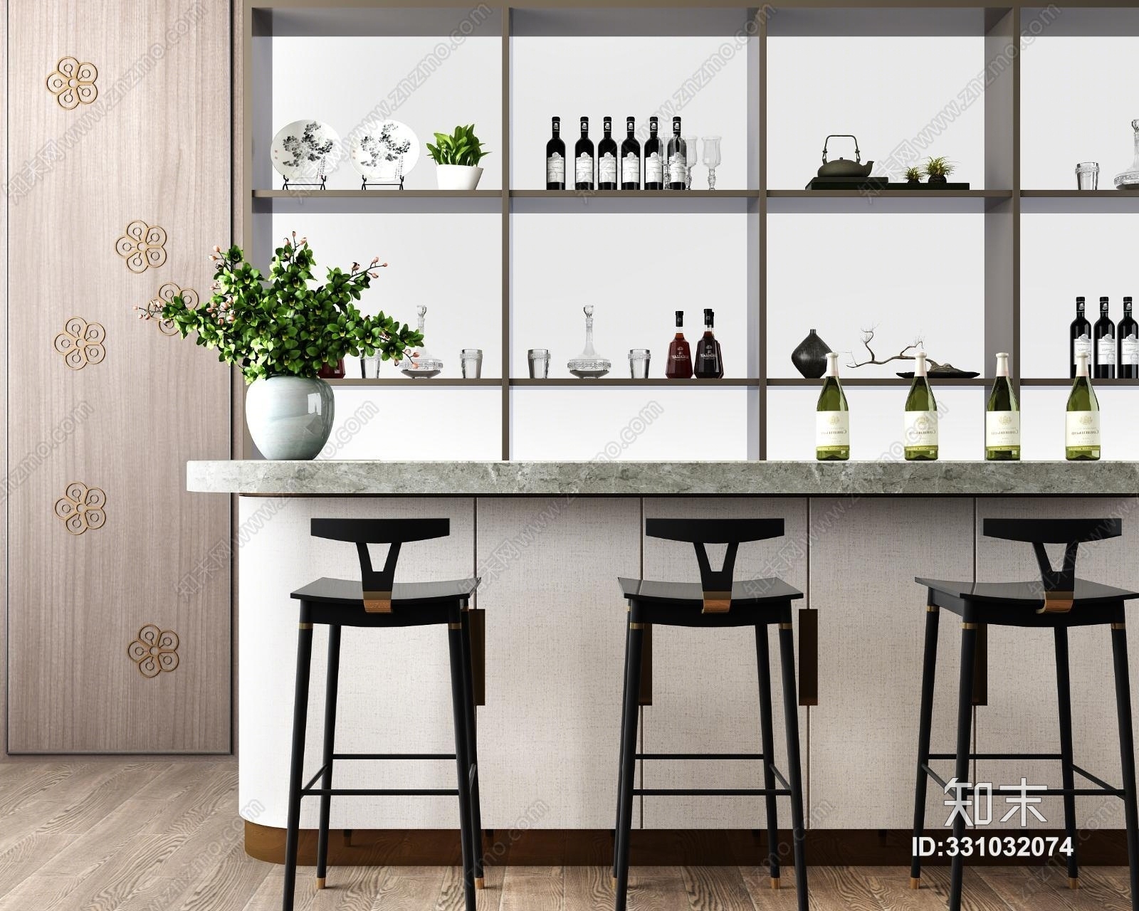新中式吧台吧椅酒柜组合3D模型下载【ID:331032074】