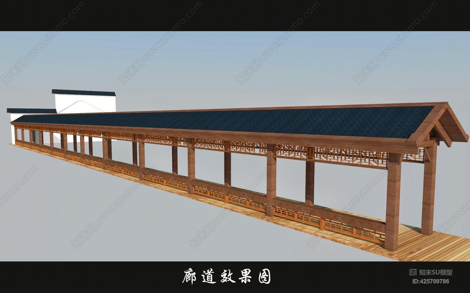 中式长廊廊架花架SU模型下载【ID:425709786】