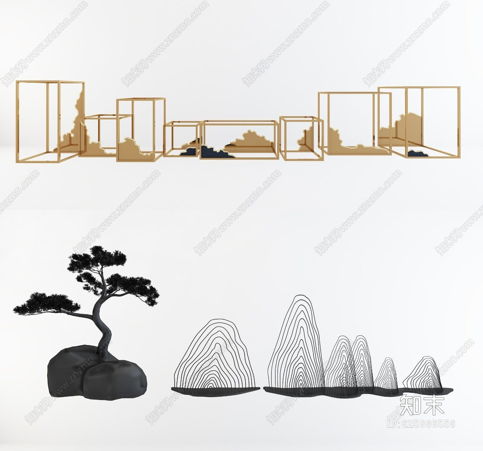 新中式金属铁艺松柏山形装饰摆设3D模型下载【ID:625666556】