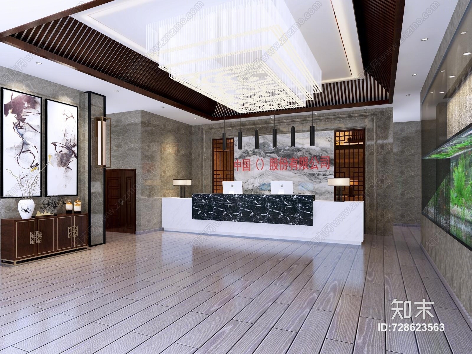 现代公司前台接待大厅3D模型下载【ID:728623563】