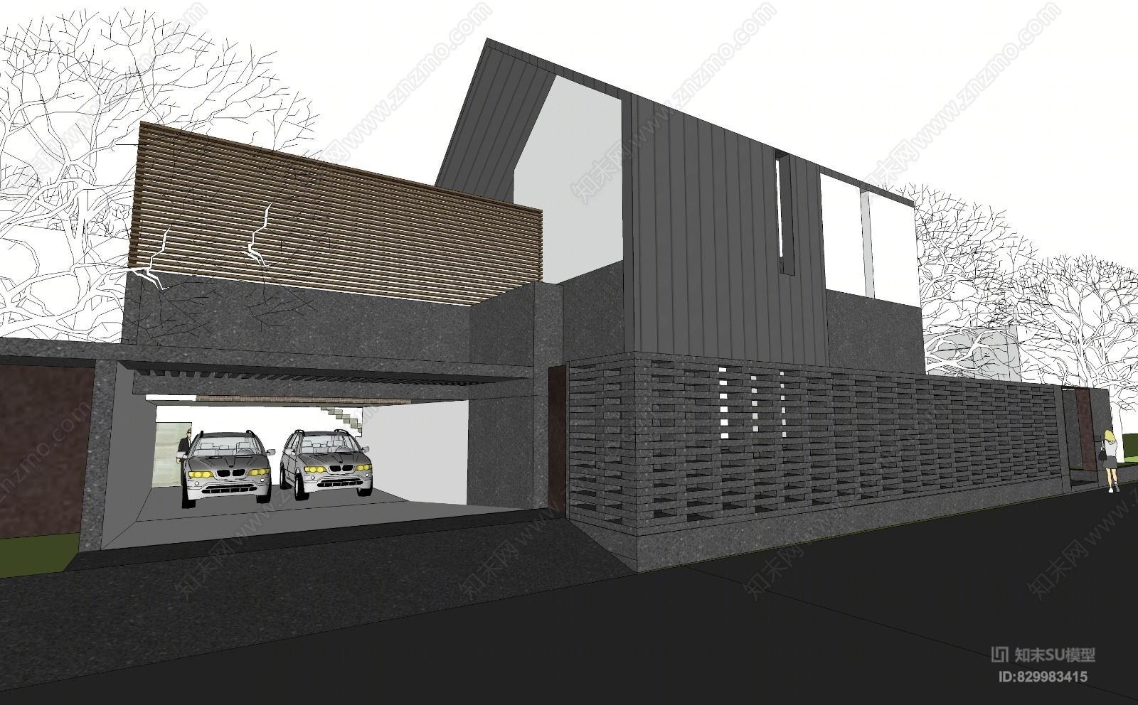 有设计感的中式别墅现代四合院青砖茶室茶馆民宿酒店SU模型下载【ID:829983415】