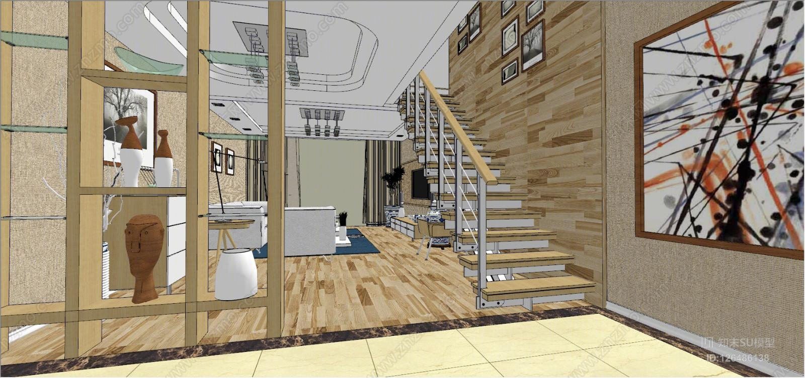 现代风格跃层户型室内设计SU模型下载【ID:126486138】