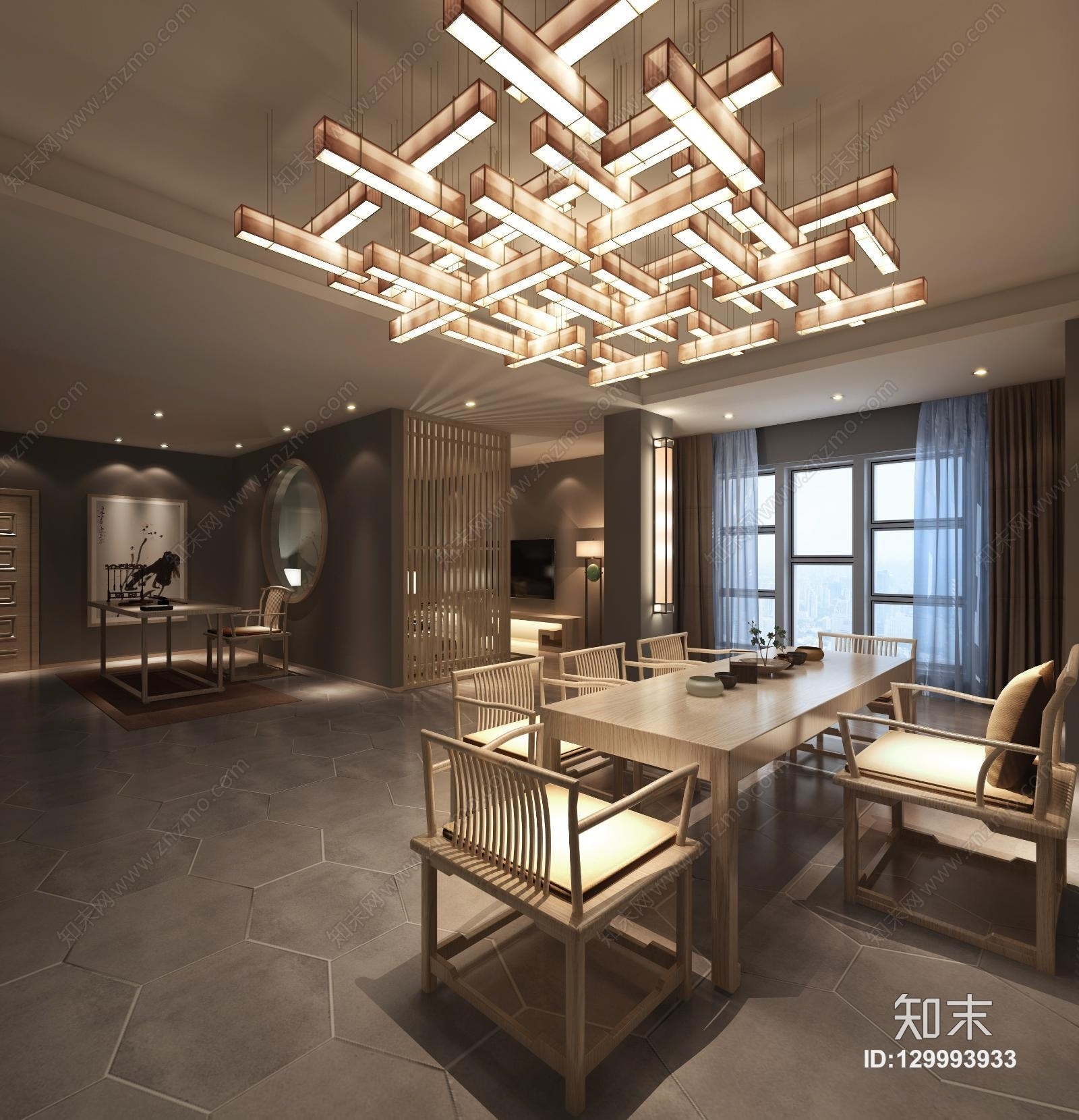 新中式茶室吊灯3D模型下载【ID:129993933】
