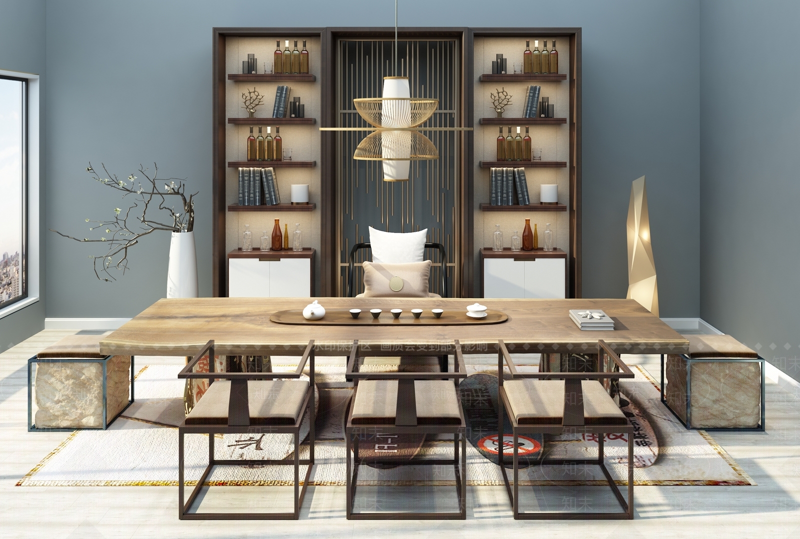 新中式书柜酒柜茶桌吊灯3D模型下载【ID:135244967】