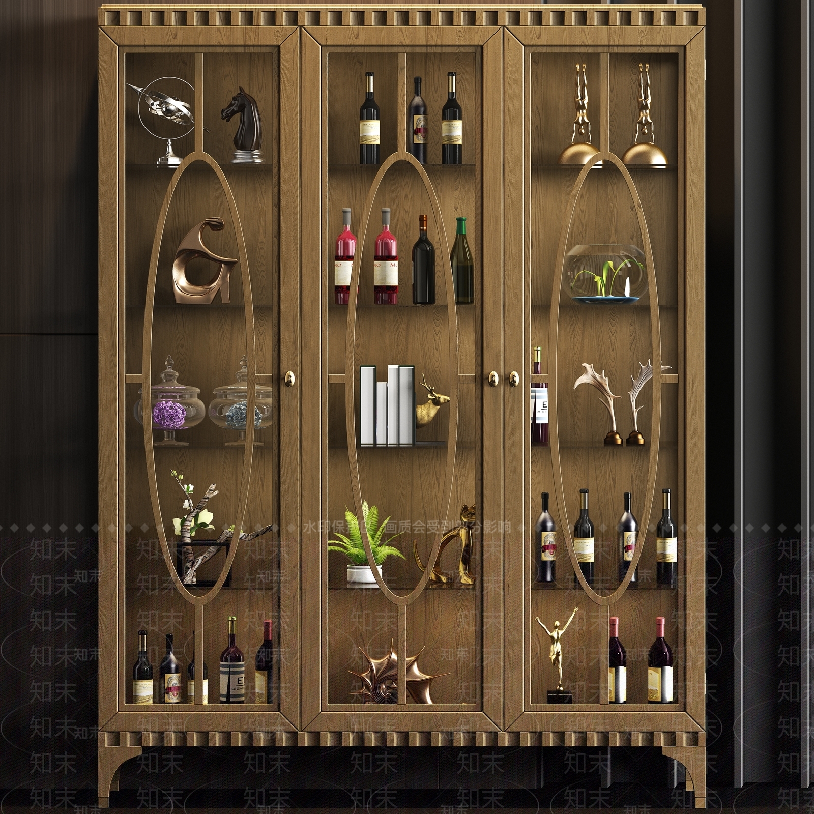 简欧实木装饰酒柜酒瓶饰品组合3D模型下载【ID:932364033】