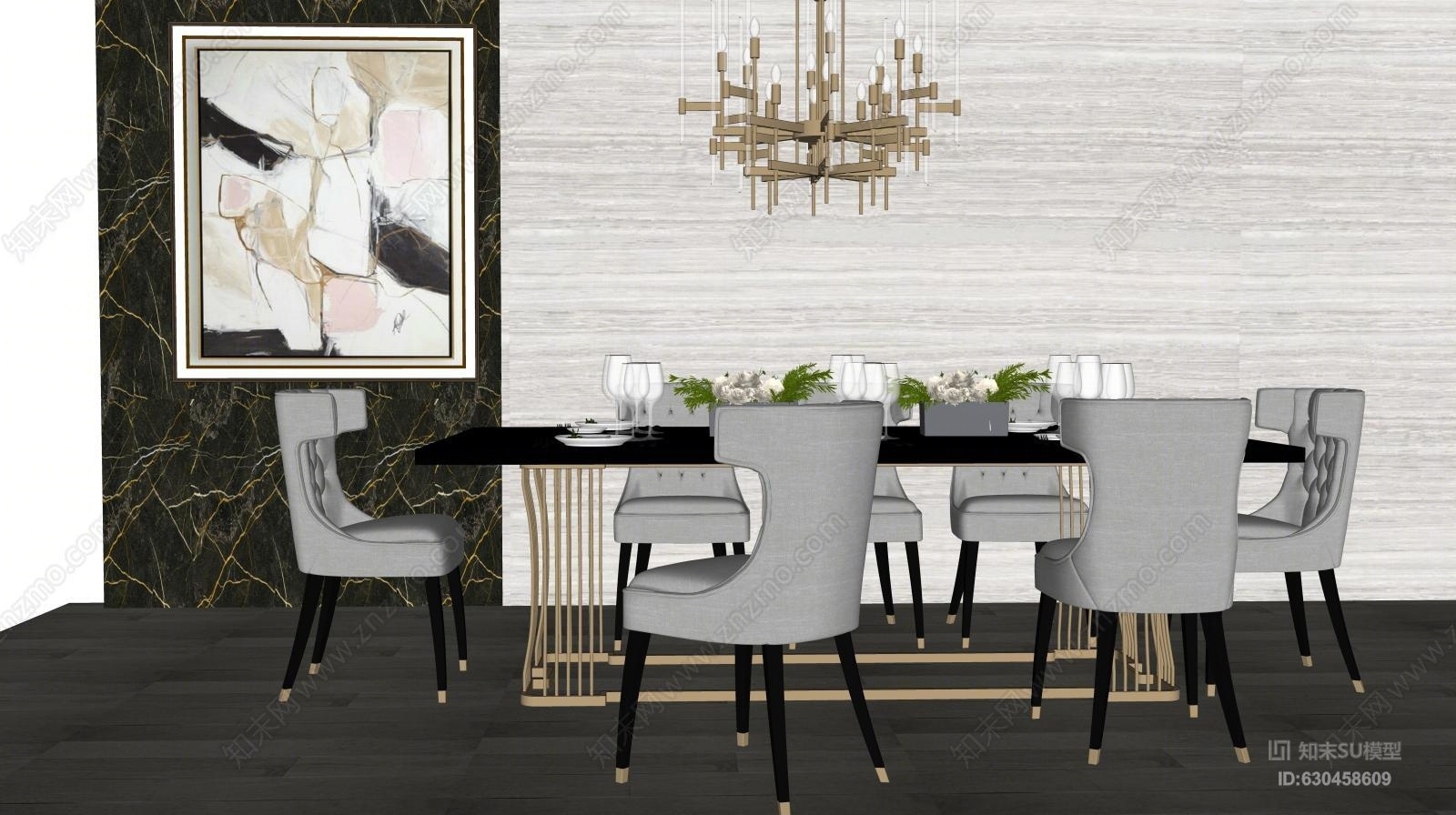 欧式现代风格餐桌椅子组合SU模型下载【ID:630458609】