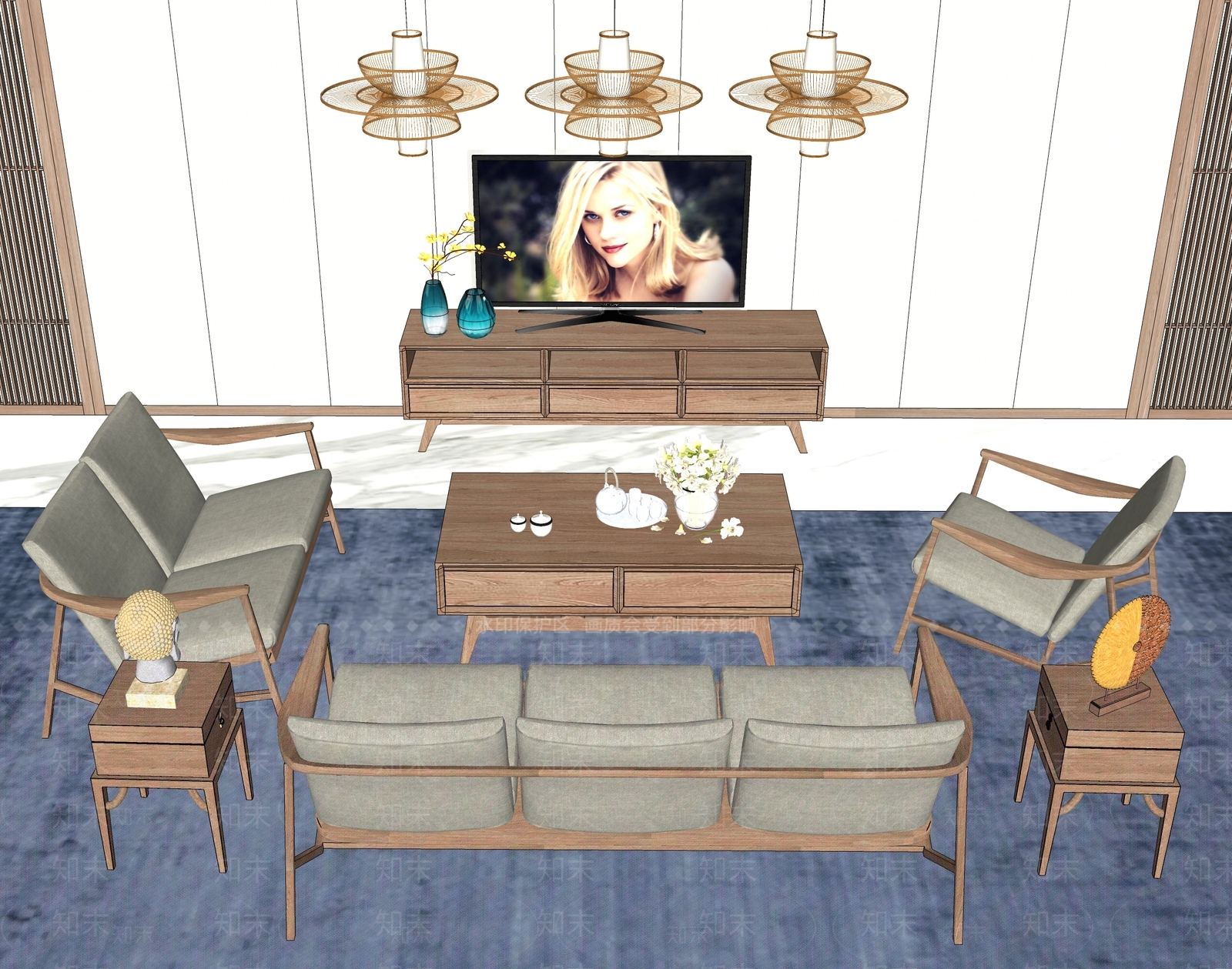新中式沙发茶几电视柜组合SU模型下载【ID:634286131】