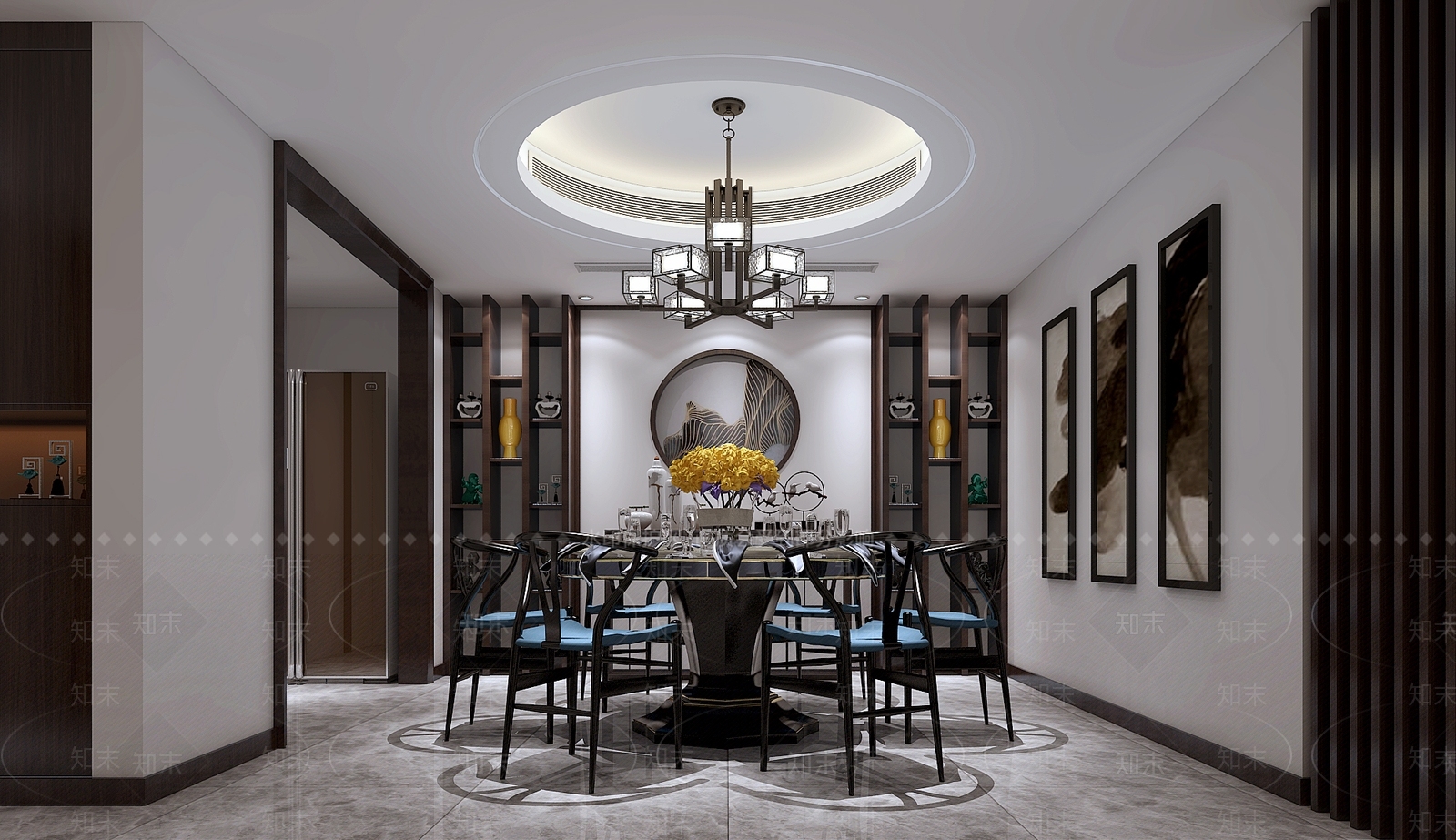 新中式餐厅餐桌餐椅吊灯装饰画冰箱3D模型下载【ID:832508643】