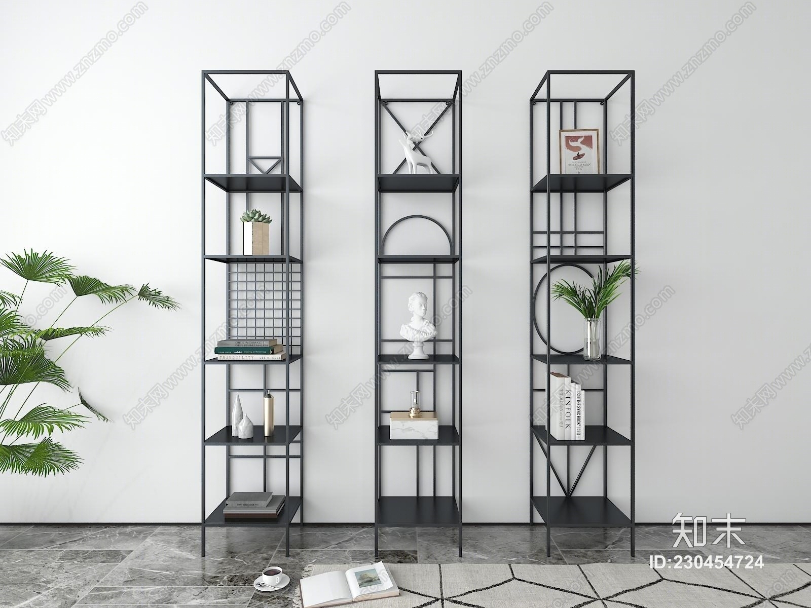 北欧风几何设计书架花架铁艺展示置物架3D模型下载【ID:230454724】