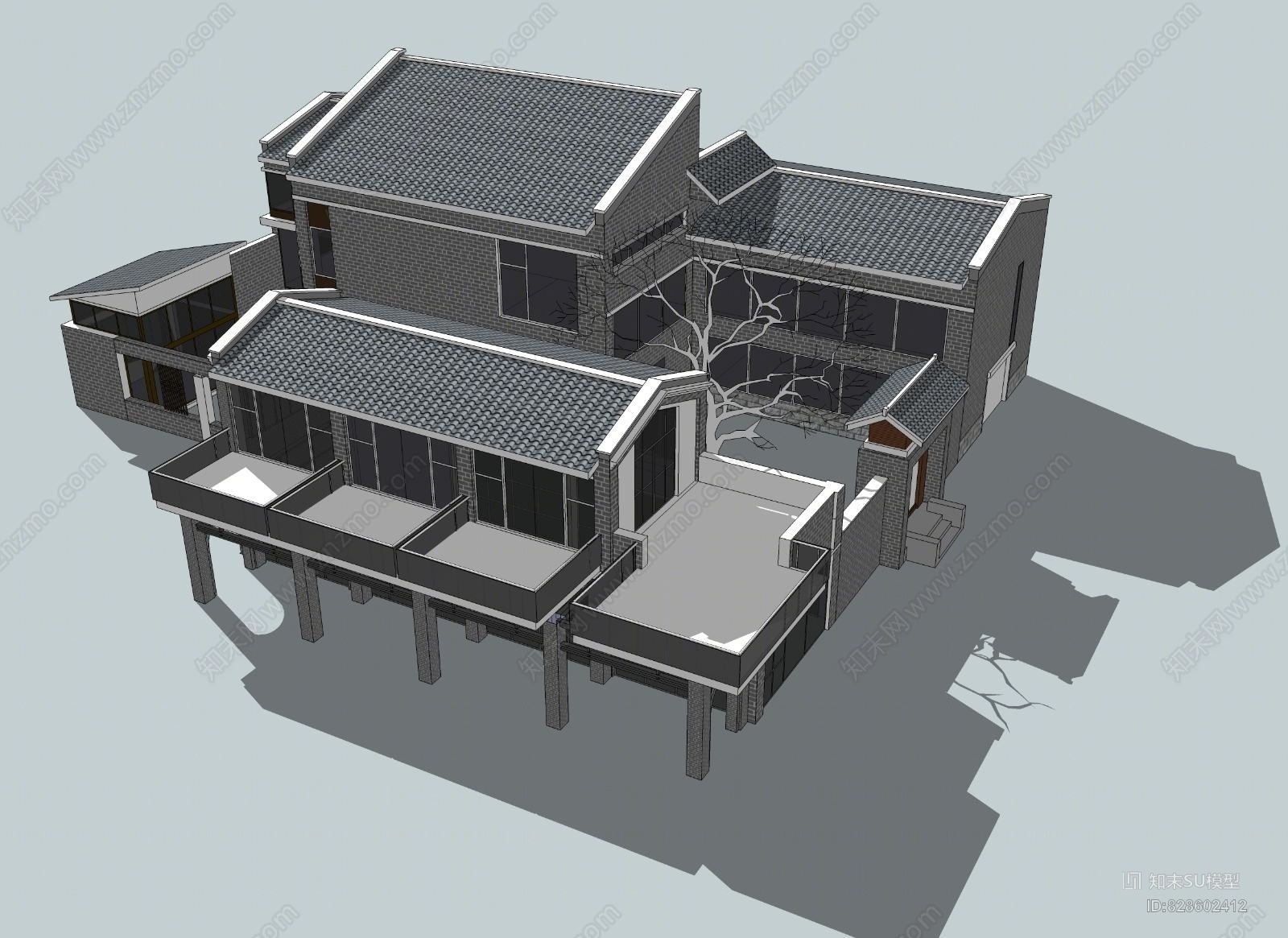 景观艺术风格别墅会所建筑设计太阳能采集器SU模型下载【ID:828602412】