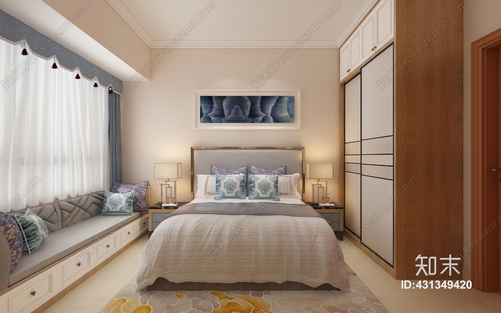 新中式飘窗软包靠背次卧室3D模型下载【ID:431349420】