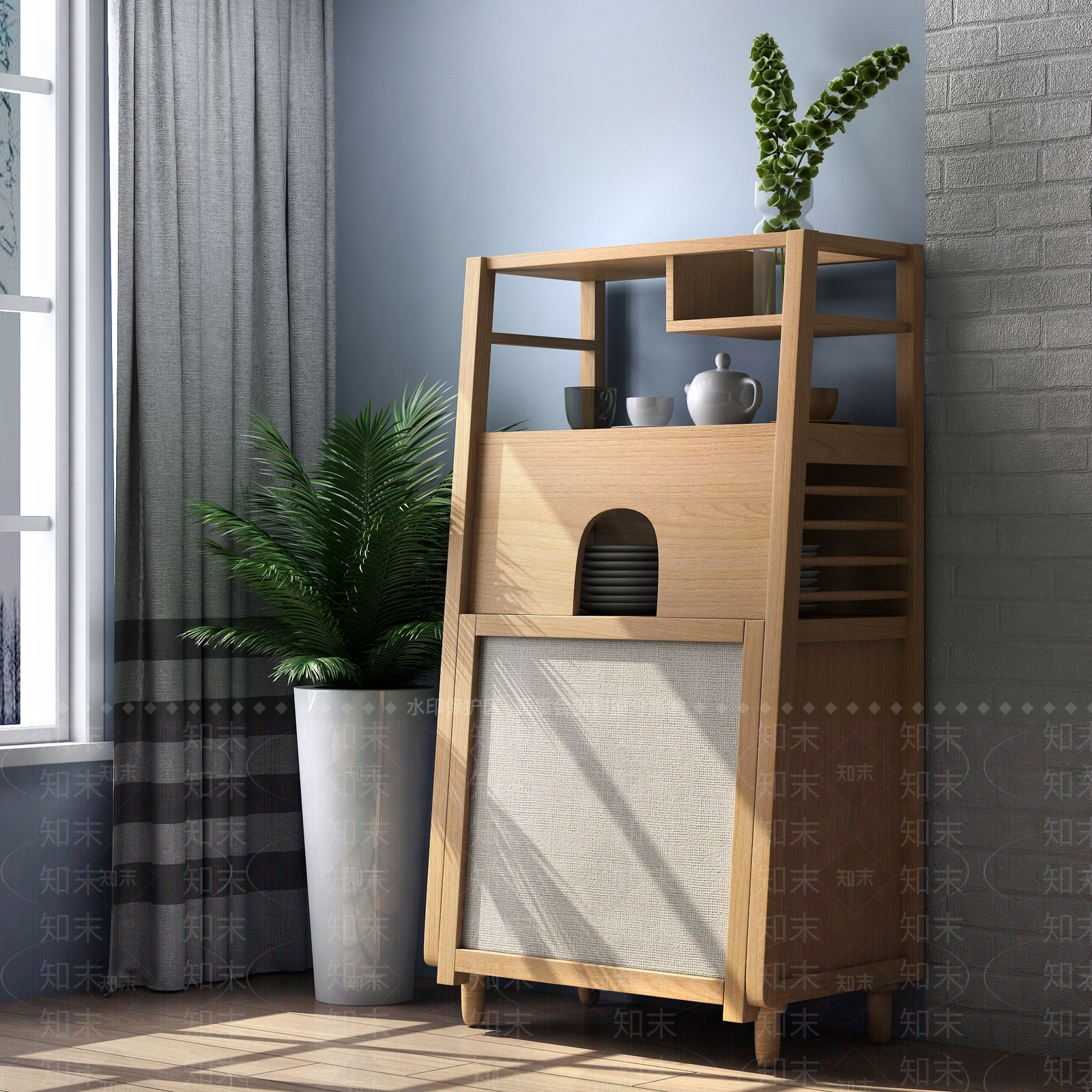 北欧餐边柜客厅实木框储物柜原木色餐厅收纳柜大容量3D模型下载【ID:932851205】