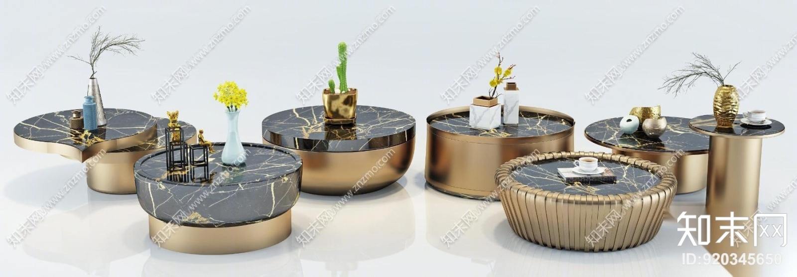 现代金属茶几边几花瓶摆件组合3D模型下载【ID:920345650】