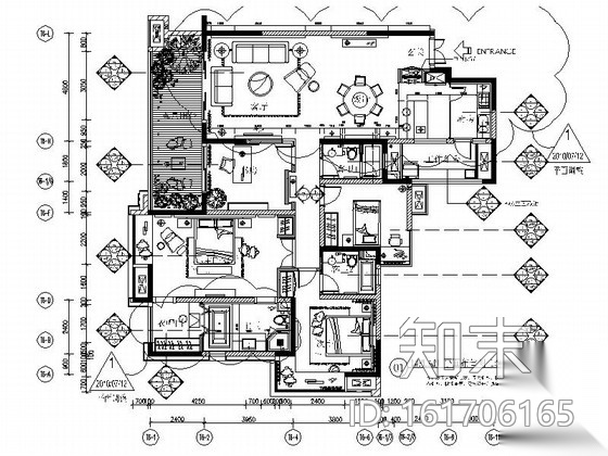 [上海]现代舒适温馨三居室样板间CAD施工图cad施工图下载【ID:161706165】