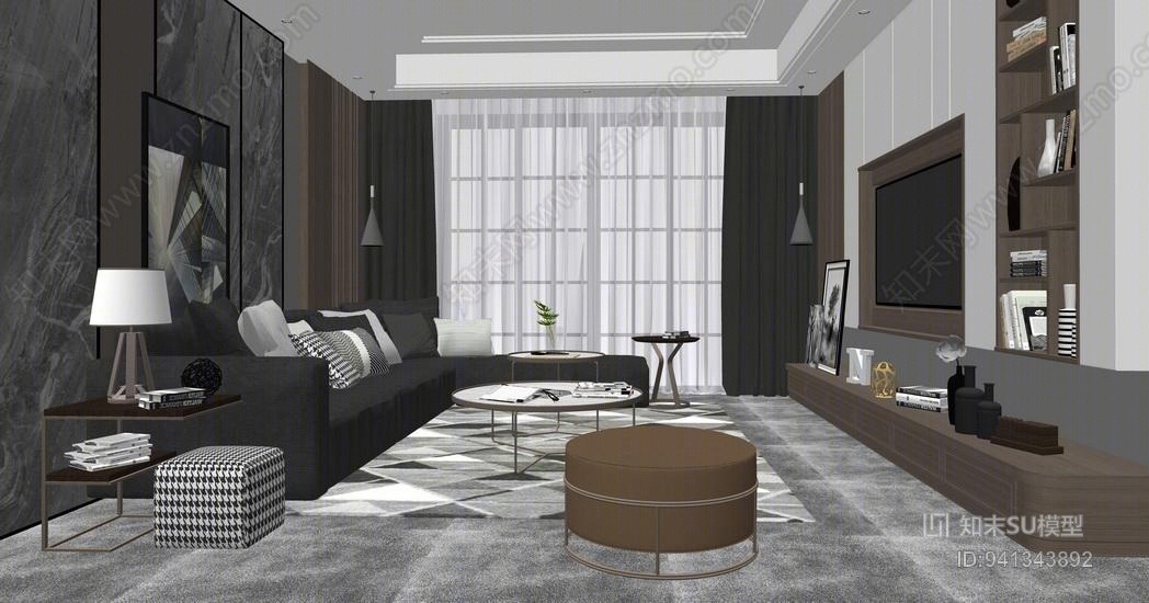 现代客厅室内设计SU模型下载【ID:941343892】
