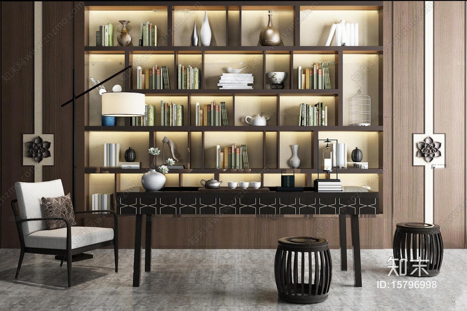新中式书架书桌椅凳子落地灯书籍摆件3D模型下载【ID:15796998】