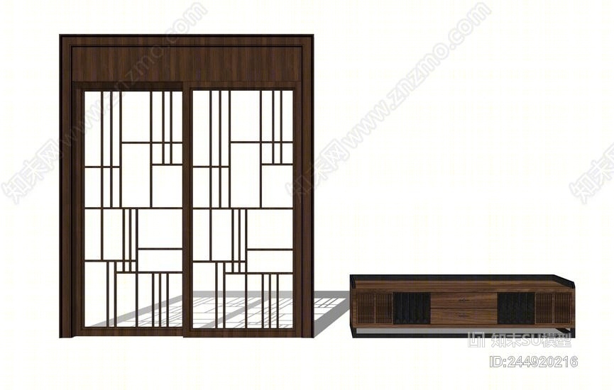 新中式推拉门电视柜组合SU模型下载【ID:244920216】
