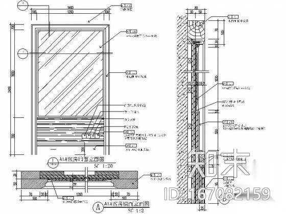 水曲柳木饰面客房墙面详图施工图下载【ID:167082159】