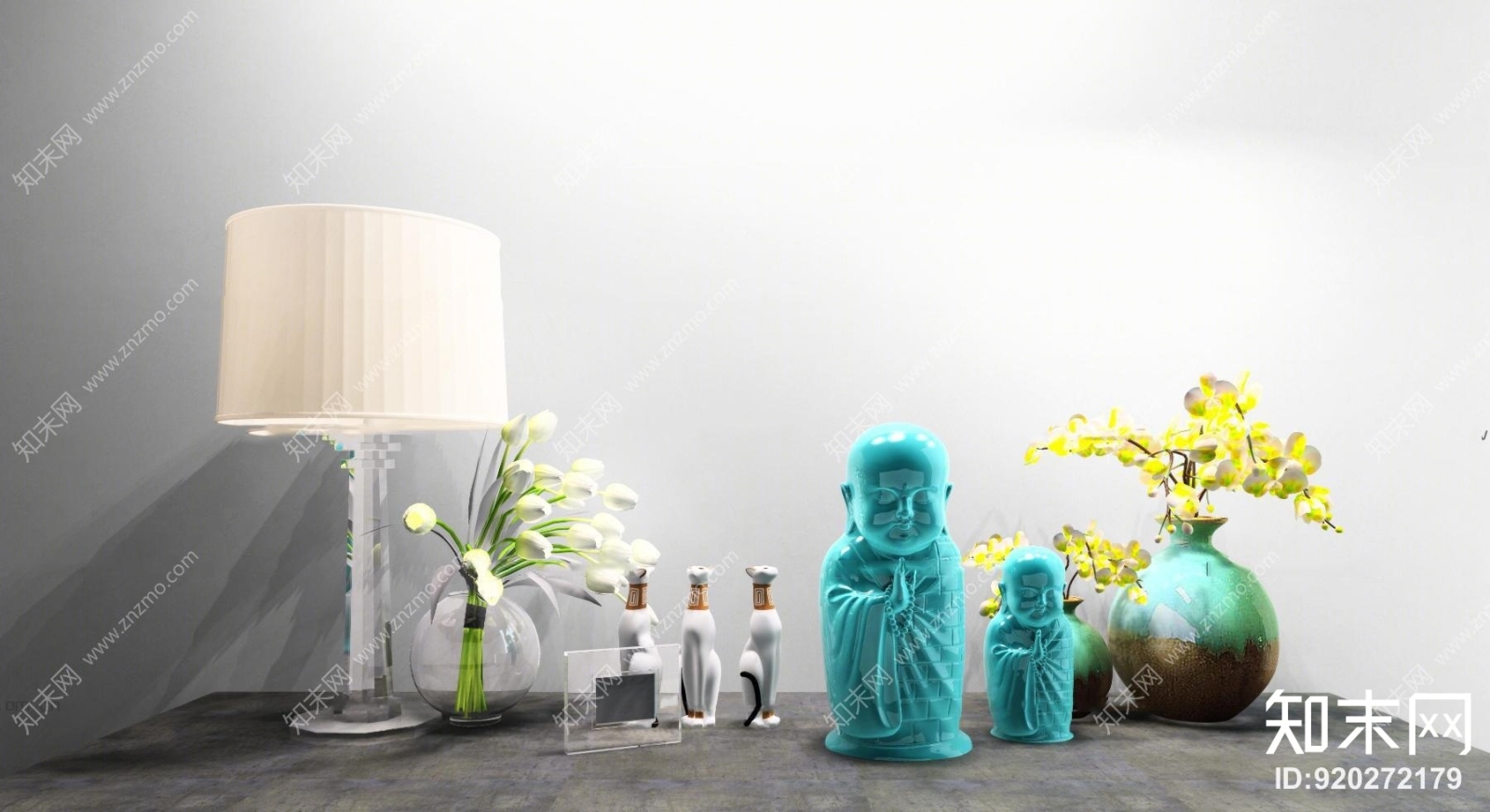 现代陶瓷花瓶插花台灯佛像雕塑摆件组合3D模型下载【ID:920272179】