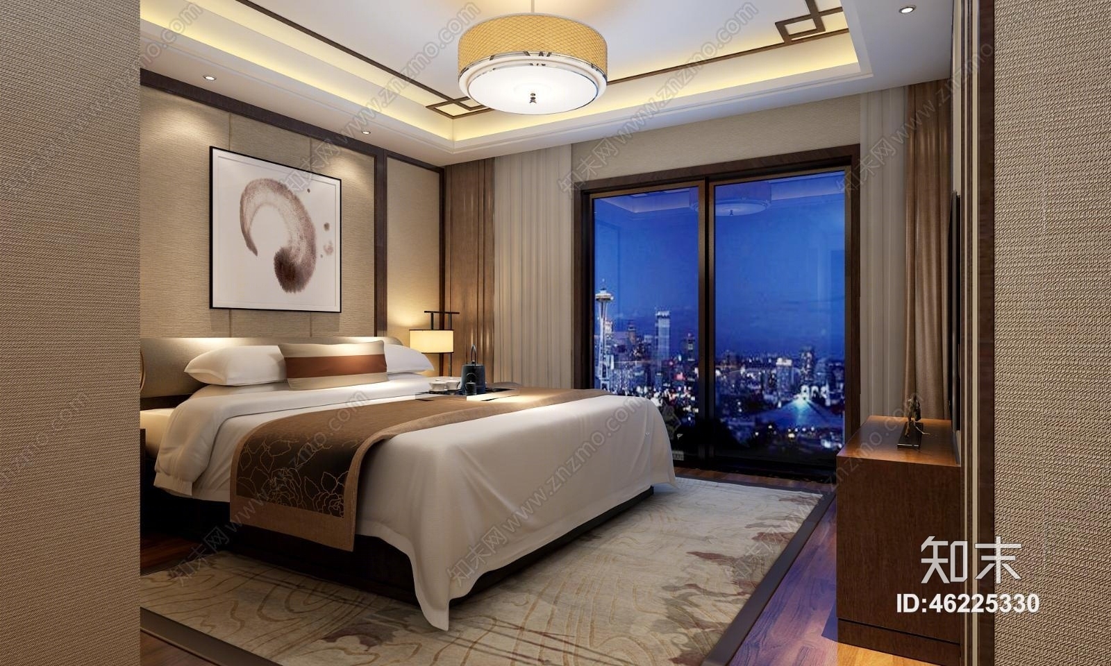 简约中式卧室3D模型下载【ID:46225330】