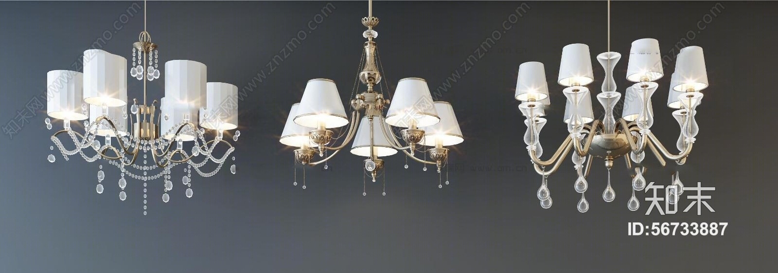 简欧时尚水晶吊灯灯具组合3D模型下载【ID:56733887】