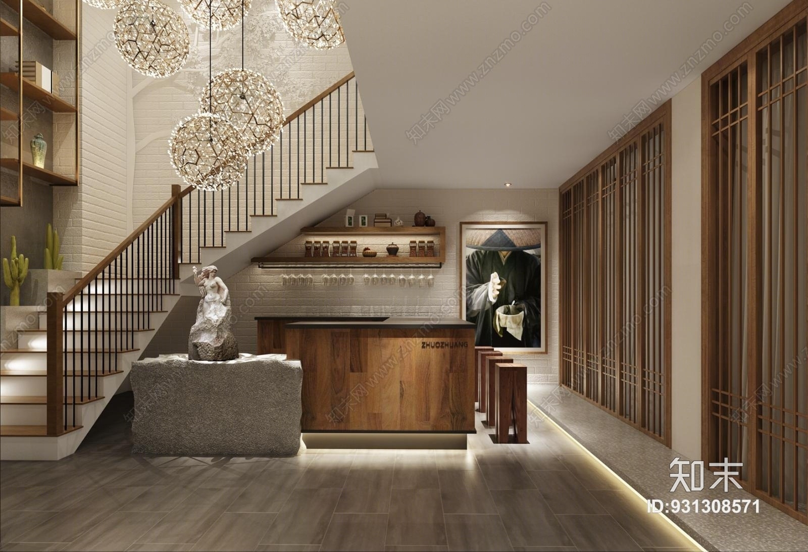 新中式别墅转角酒吧3D模型下载【ID:931308571】