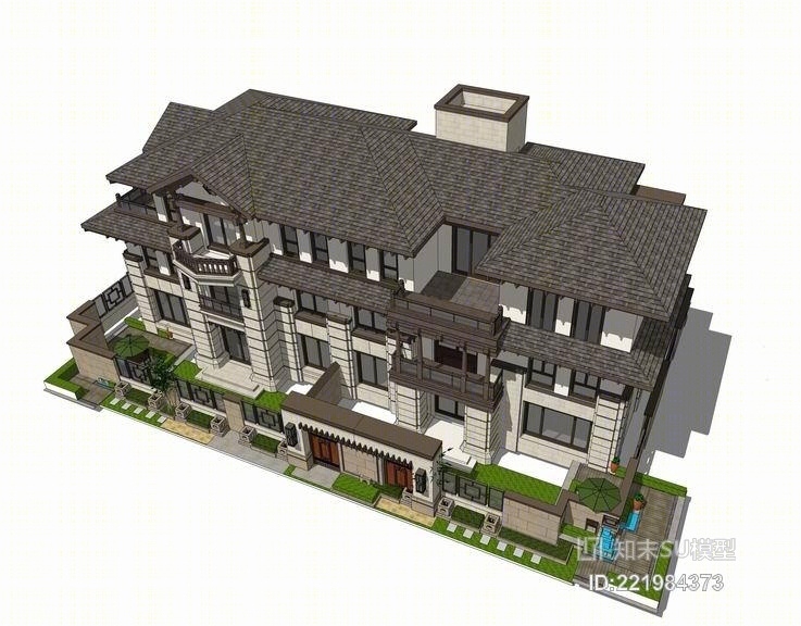 新江南白色调别墅SU模型下载【ID:221984373】