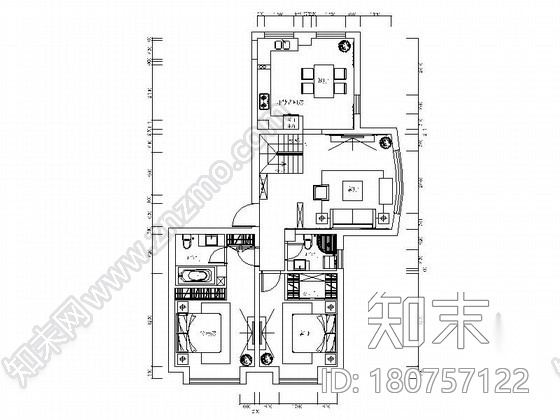 [沧州]精致浪漫欧式风格复式样板房CAD装修施工图（含效...cad施工图下载【ID:180757122】