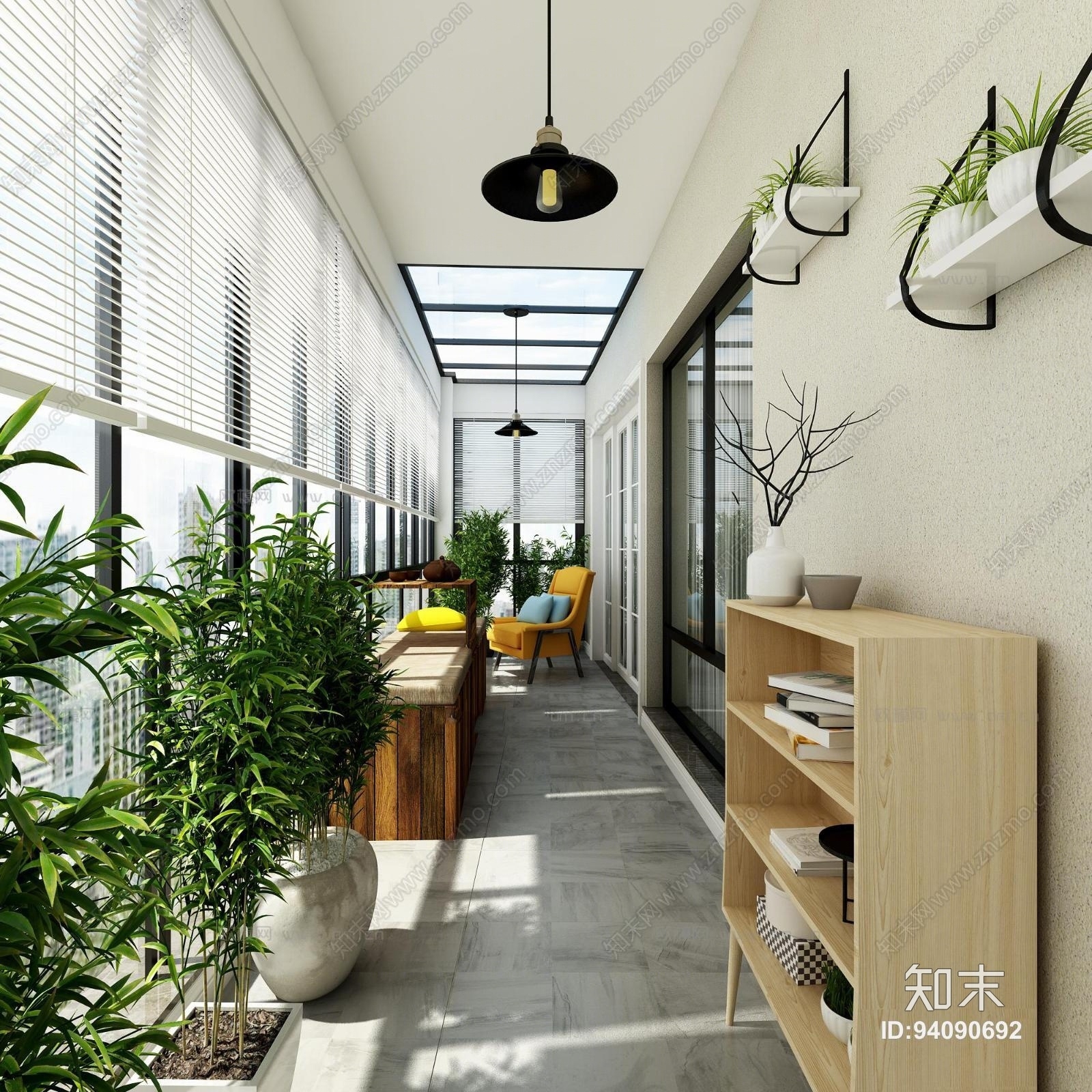 现代阳台休闲沙发书柜盆栽组合3D模型下载【ID:94090692】