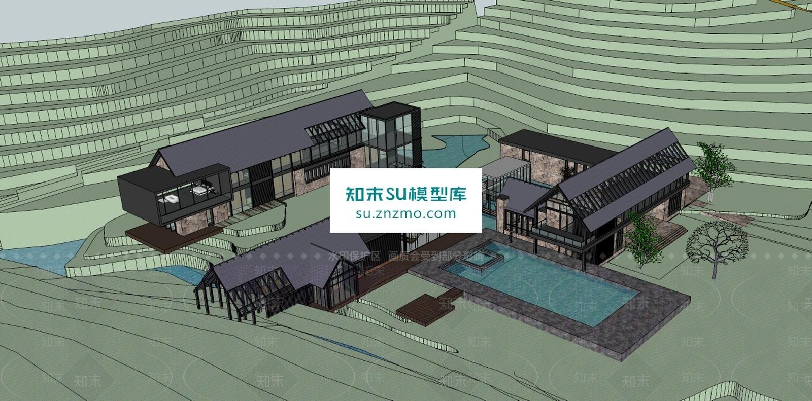 新中式民宿酒店建筑SU模型下载【ID:163201192】