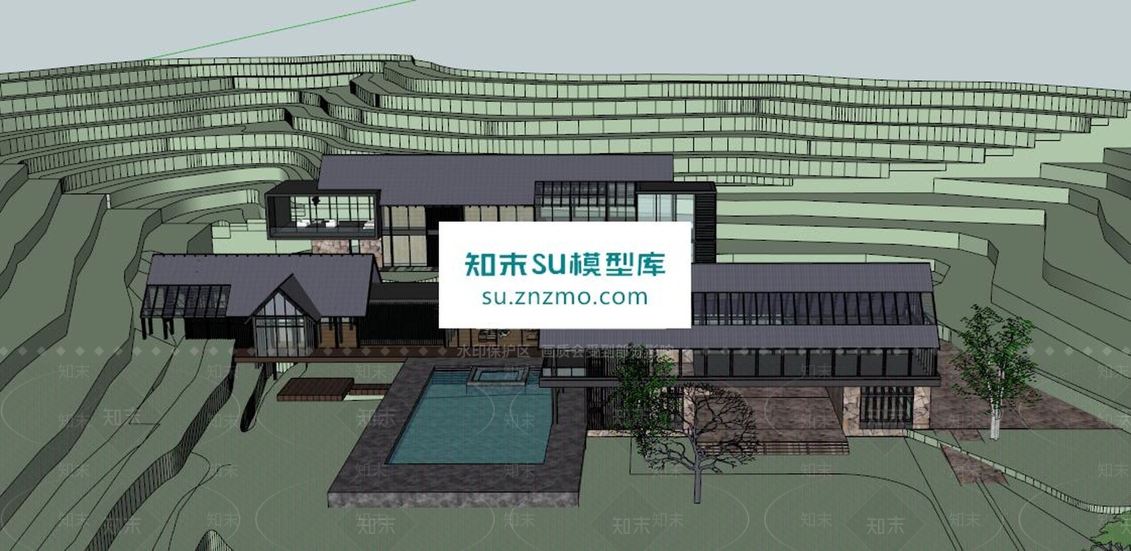 新中式民宿酒店建筑SU模型下载【ID:163201192】