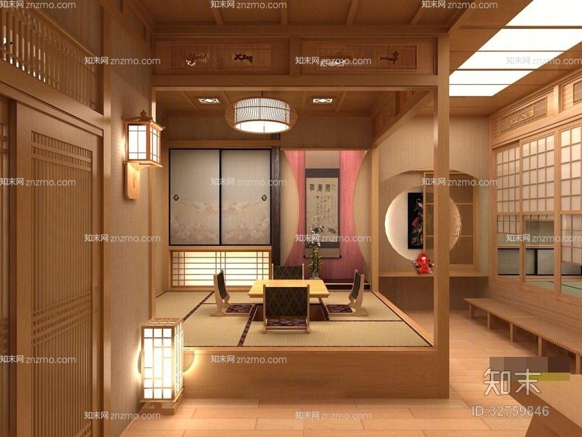 日式原木色木艺餐桌椅组合3D模型下载【ID:32759846】