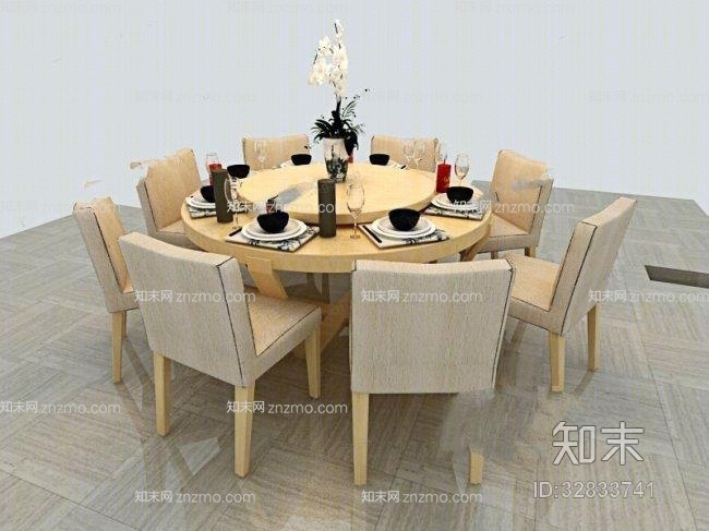 现代布艺餐桌椅组合3D模型下载【ID:32833741】