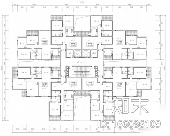 塔式高层一梯八户户型图cad施工图下载【ID:166086109】