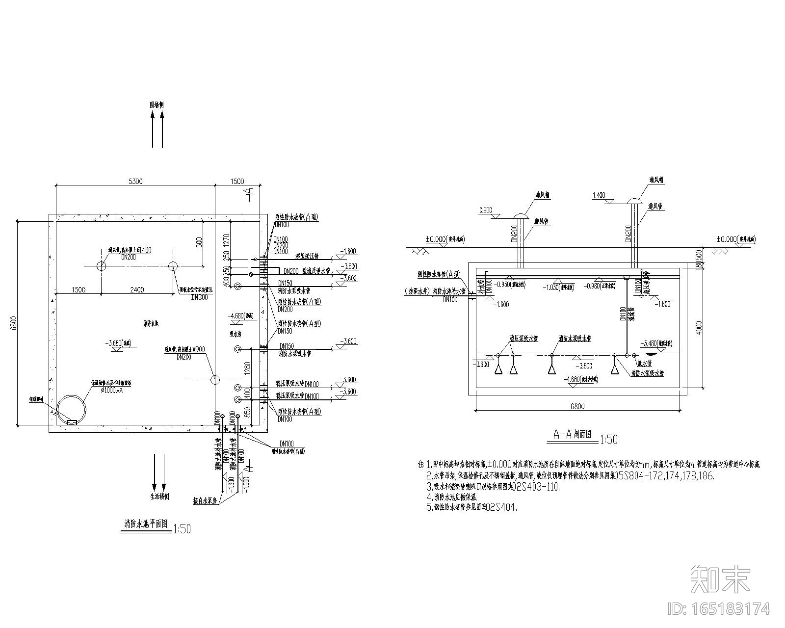 消防泵房及消防水池给排水设计施工图cad施工图下载【ID:165183174】