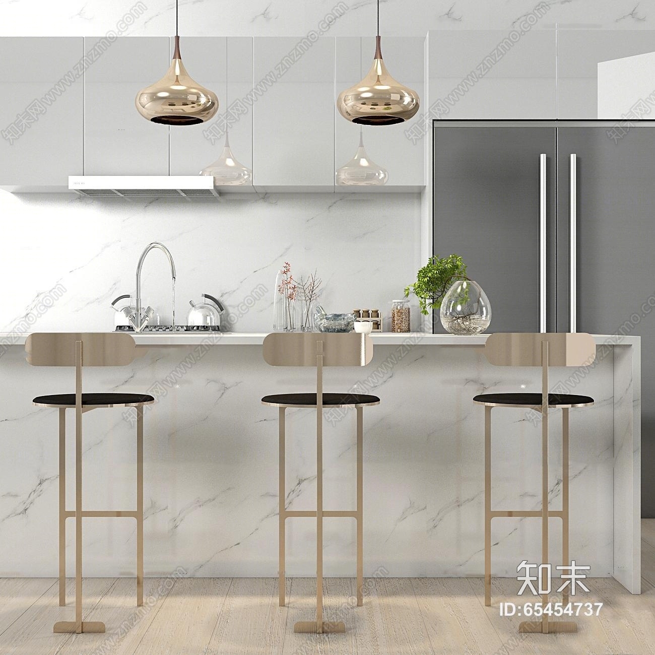 现代吧台椅橱柜吊灯组合3D模型下载【ID:65454737】