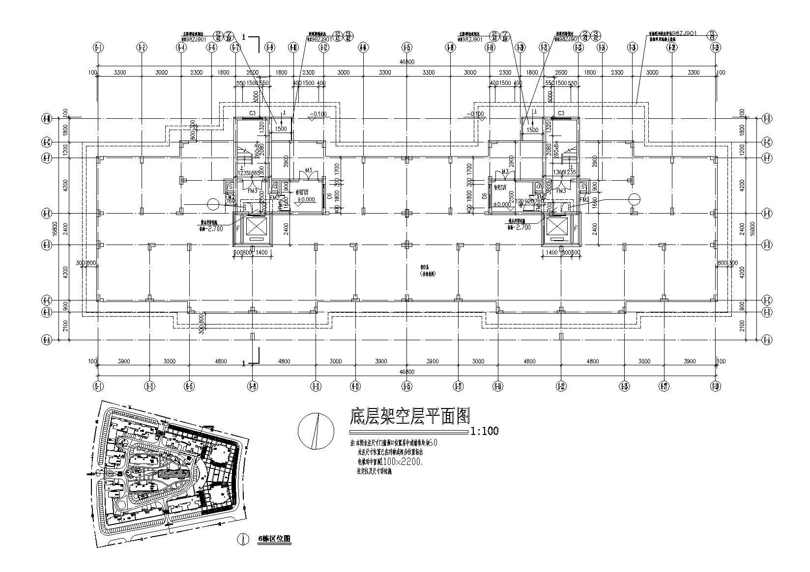 底层架空一梯两户高层住宅楼建筑施工图cad施工图下载【ID:164871197】