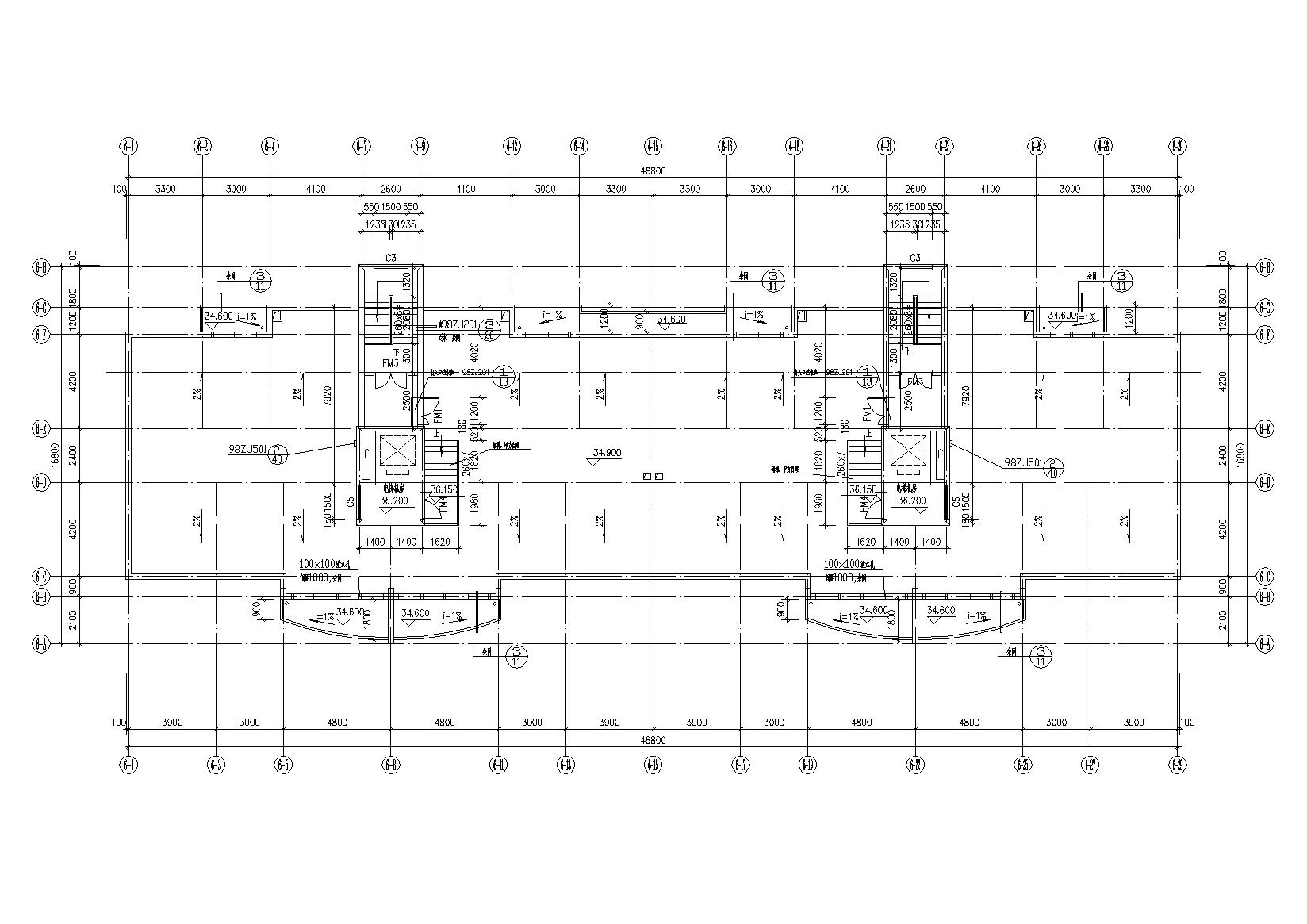 底层架空一梯两户高层住宅楼建筑施工图cad施工图下载【ID:164871197】