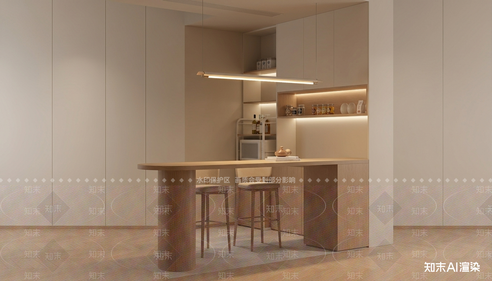 原木岛台餐厅3D模型渲染效果图