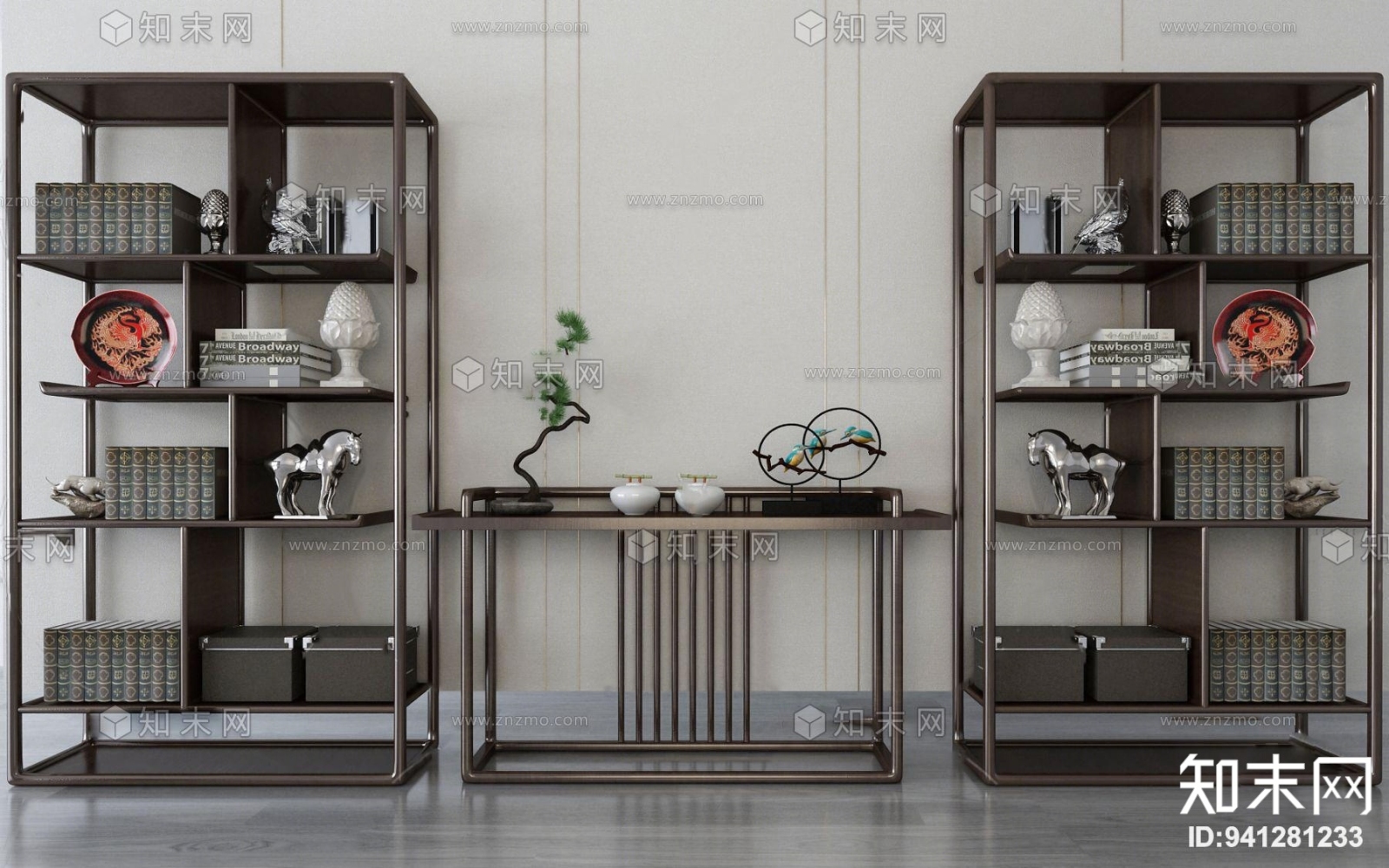 新中式书籍摆件雕塑装饰柜3D模型下载【ID:941281233】