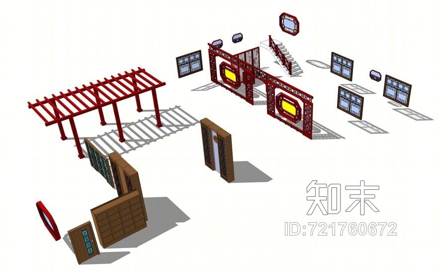 中式窗花隔断组合SU模型下载【ID:721760672】
