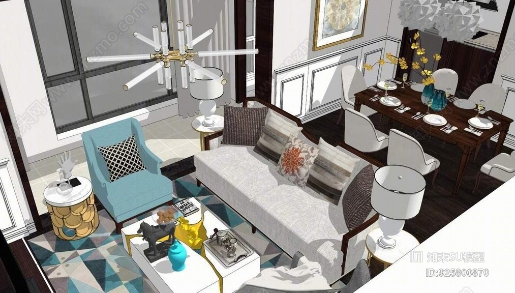 美式客厅餐厅卧室室内设计SU模型下载【ID:925800870】