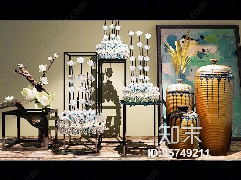 新中式花艺植物饰品组合3D模型下载【ID:95749211】
