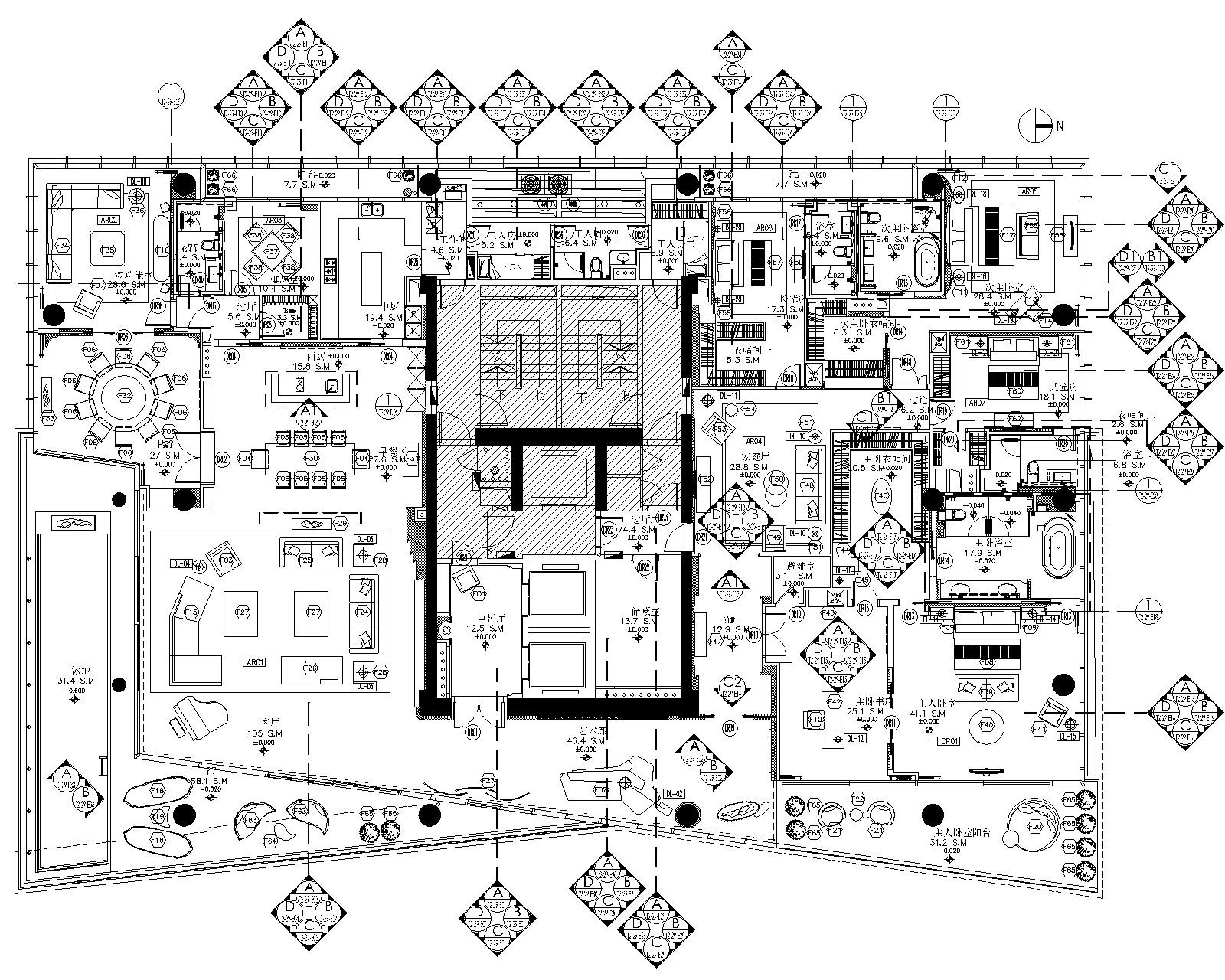 [梁志天]深圳湾1号-现代豪华五居室样板间室内装修设计施工图下载【ID:160062112】