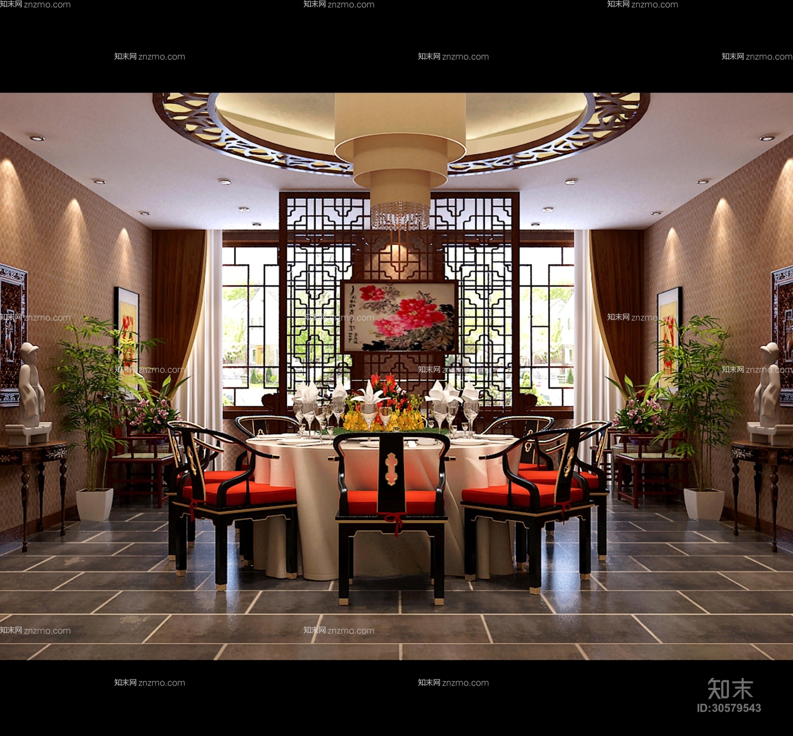 传统中式木艺餐桌椅组合3D模型下载【ID:30579543】